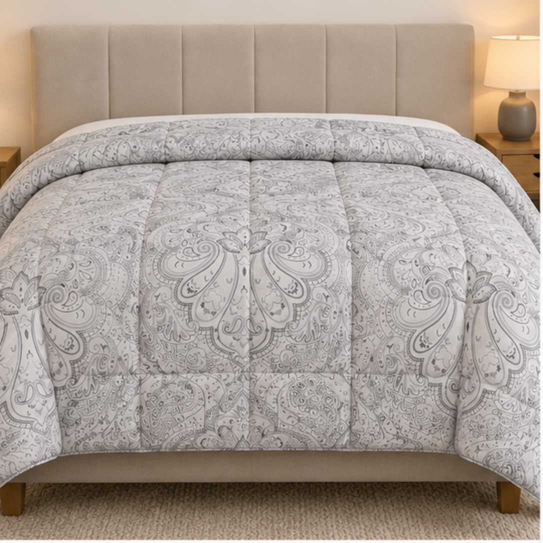 Aarniva Breathable Polyester Silver Paisley Elegance Comforter Set | King/Queen | 250 GSM | Ultra-Soft & Cozy | Soft Grey | 5-Piece Set