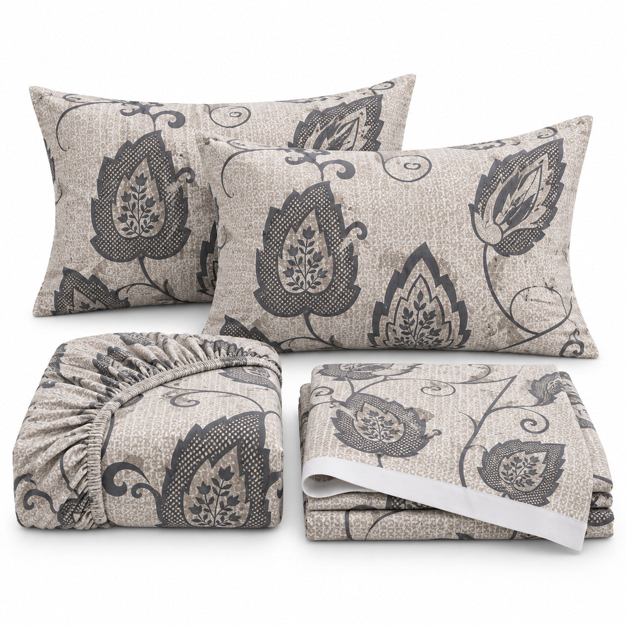 Aarniva 100% Cotton Botanical Paisley Bedsheet Set | King | Soft & Breathable | Cool Greige | 200 TC | 4-Piece Set