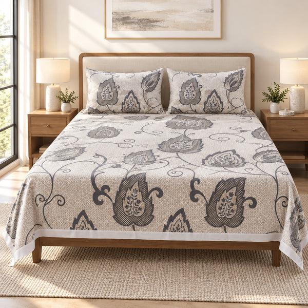 Aarniva 100% Cotton Botanical Paisley Bedsheet Set | King | Soft & Breathable | Cool Greige | 200 TC | 4-Piece Set