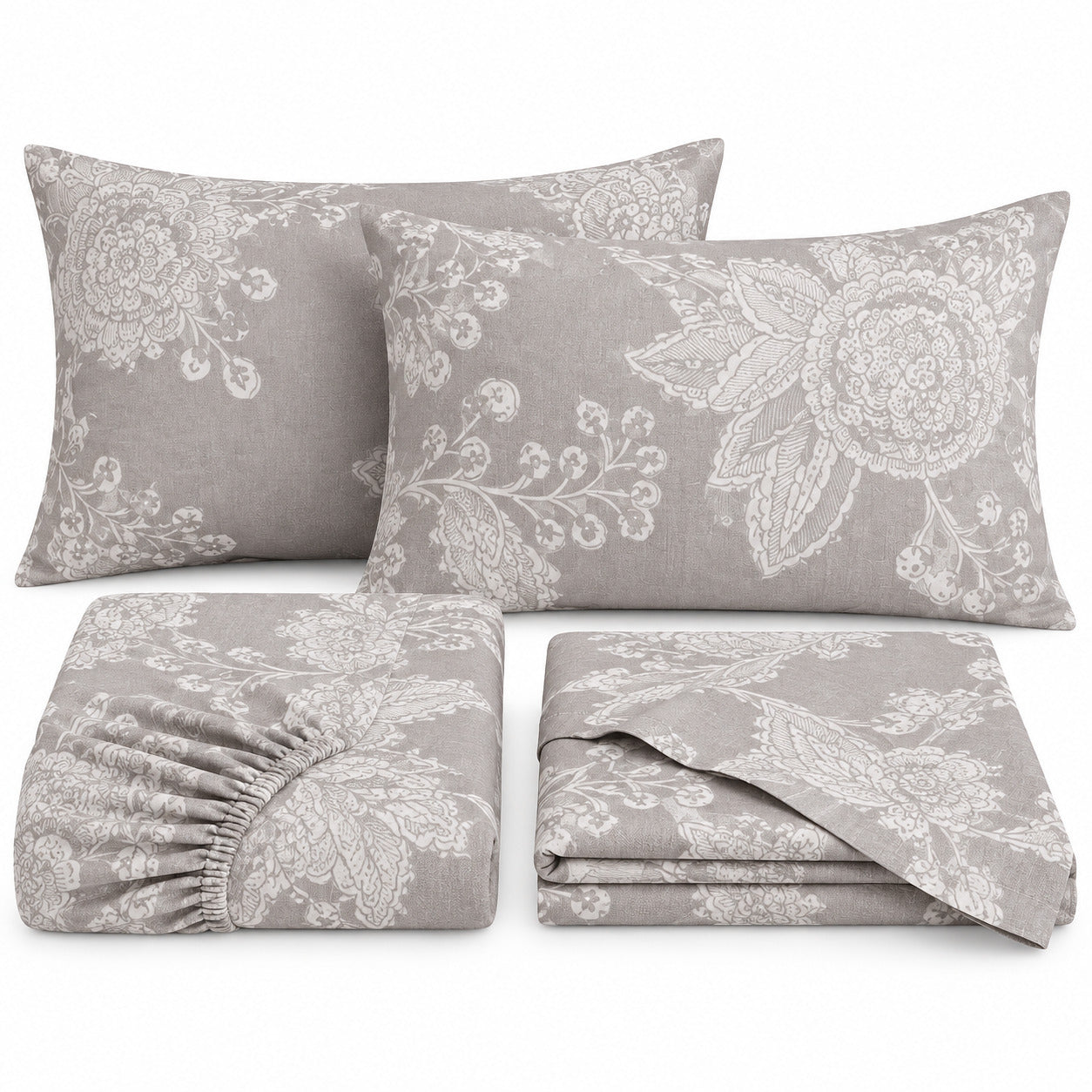 Aarniva 100% Cotton Ornamental Floral Bedsheet Set | King | Soft & Breathable | Stone Grey | 200 TC | 6-Piece Set