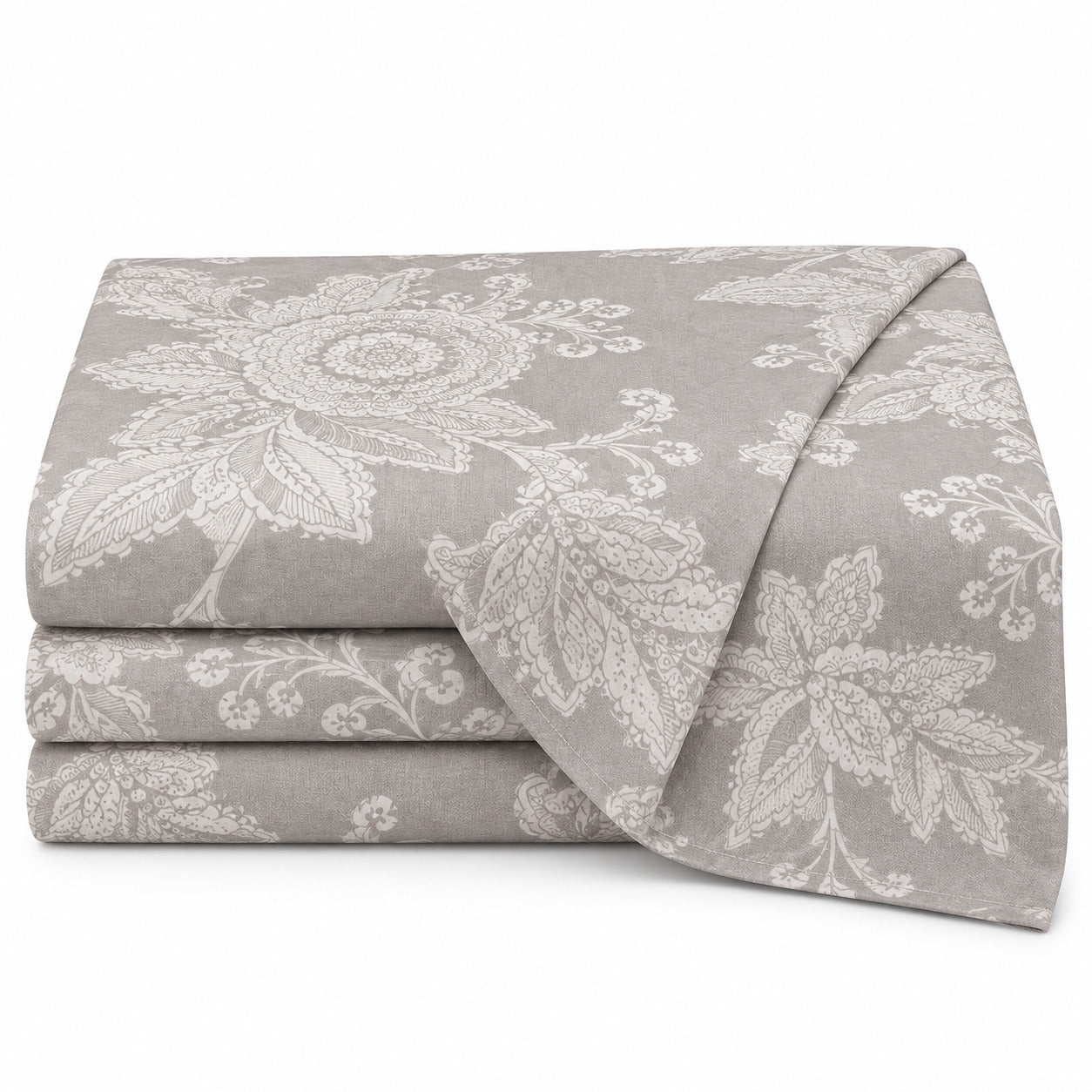 Aarniva 100% Cotton Ornamental Floral Bedsheet Set | King | Soft & Breathable | Stone Grey | 200 TC | 6-Piece Set