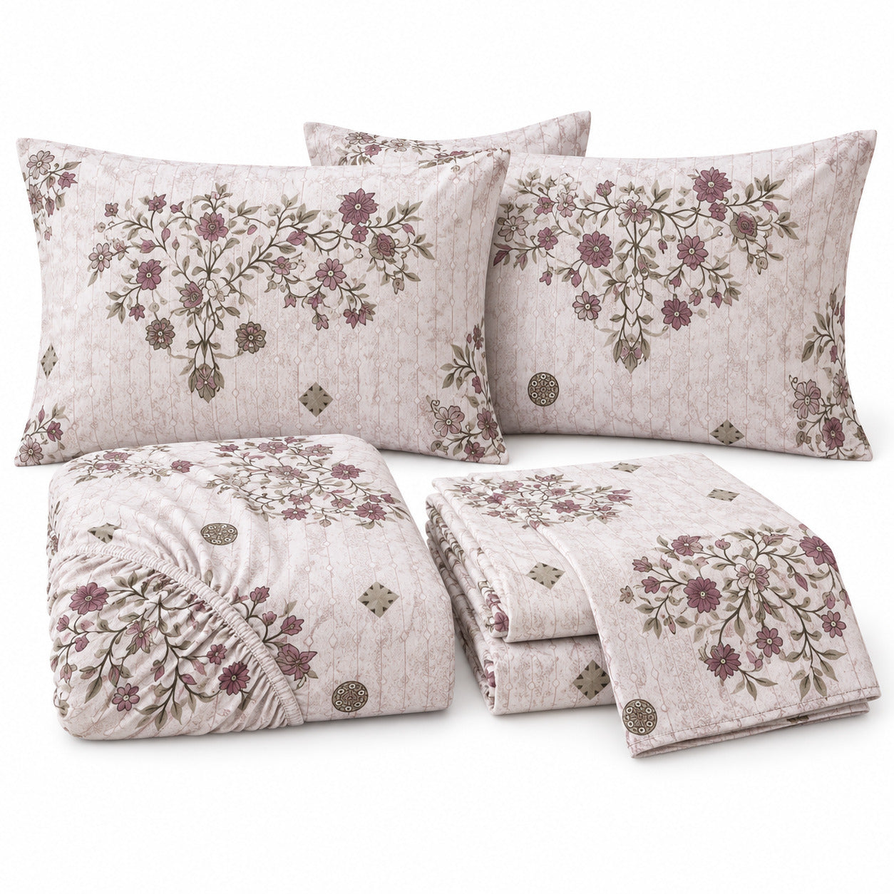 Aarniva 100% Cotton Floral Bouquet Bedsheet Set | King | Soft & Breathable | Antique Rose | 200 TC | 4-Piece Set
