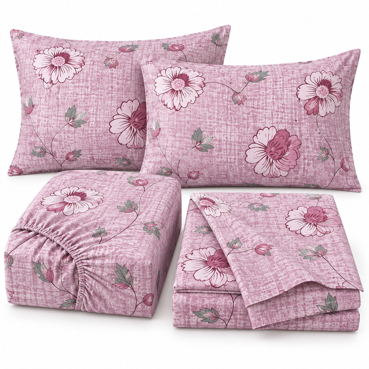 Aarniva 100% Cotton Blossom Vine Bedsheet Set | King | Soft & Breathable | Rose Blush | 200 TC | 4-Piece Set