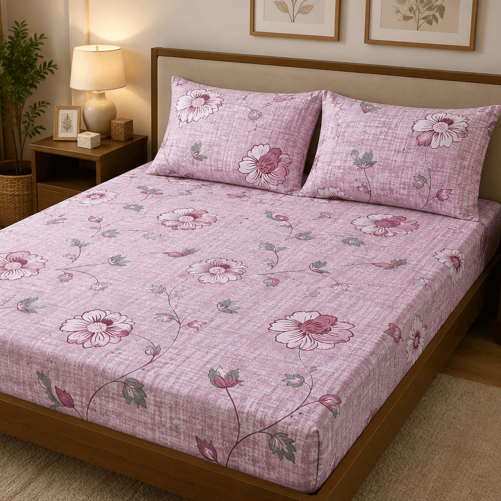 Aarniva 100% Cotton Blossom Vine Bedsheet Set | King | Soft & Breathable | Rose Blush | 200 TC | 4-Piece Set