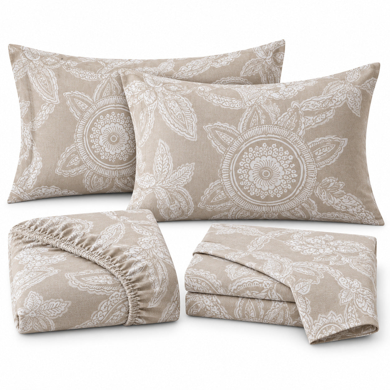 Aarniva 100% Cotton Paisley Medallion Bedsheet Set | King | Soft & Breathable | Warm Taupe | 200 TC | 6-Piece Set