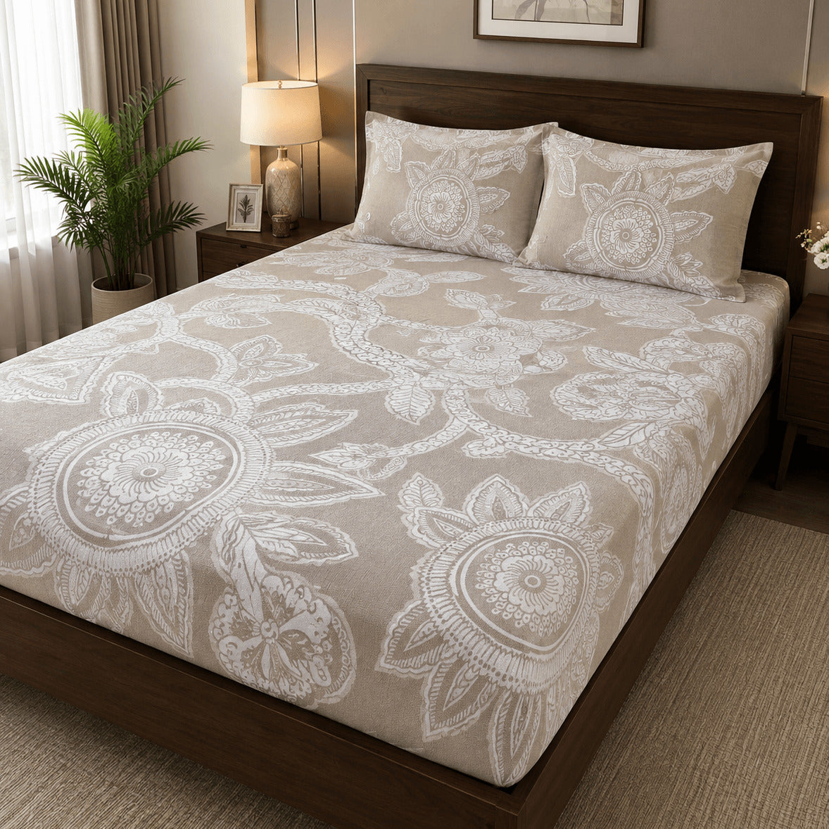 Aarniva 100% Cotton Paisley Medallion Bedsheet Set | King | Soft & Breathable | Warm Taupe | 200 TC | 6-Piece Set