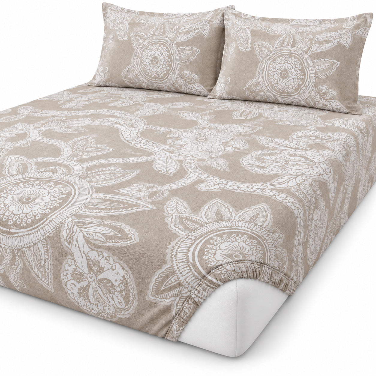 Aarniva 100% Cotton Paisley Medallion Bedsheet Set | King | Soft & Breathable | Warm Taupe | 200 TC | 6-Piece Set