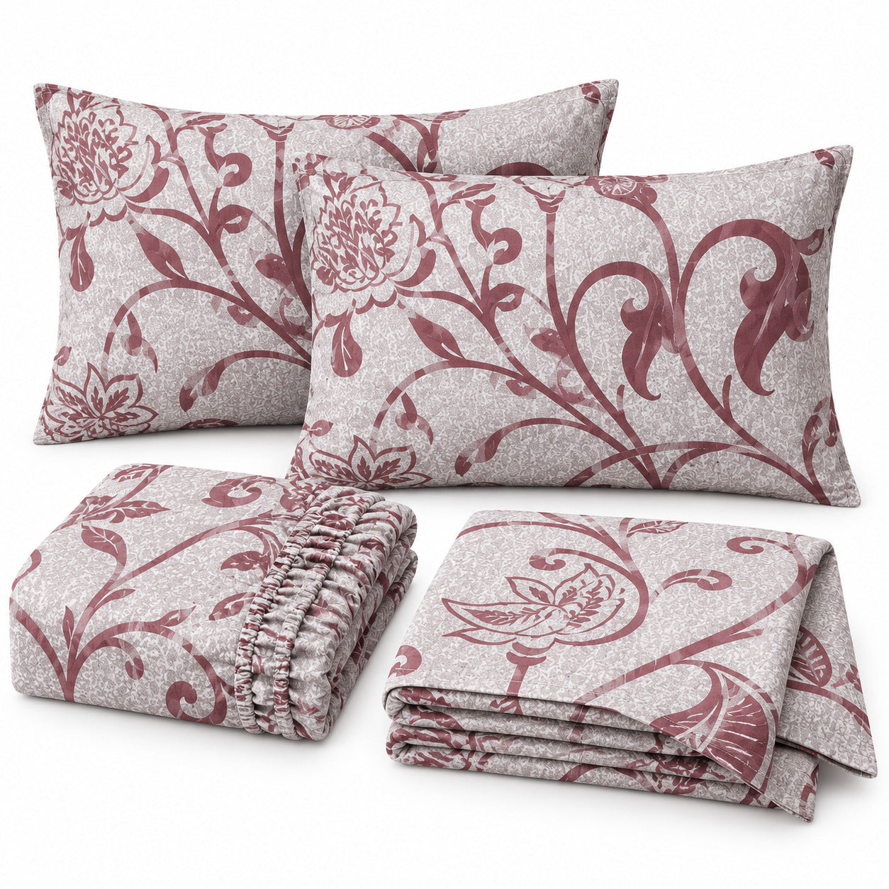 Aarniva 100% Cotton Floral Scroll Bedsheet Set | King | Soft & Breathable | Dusty Mauve | 200 TC | 4-Piece Set