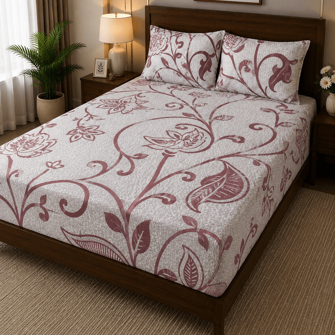 Aarniva 100% Cotton Floral Scroll Bedsheet Set | King | Soft & Breathable | Dusty Mauve | 200 TC | 4-Piece Set