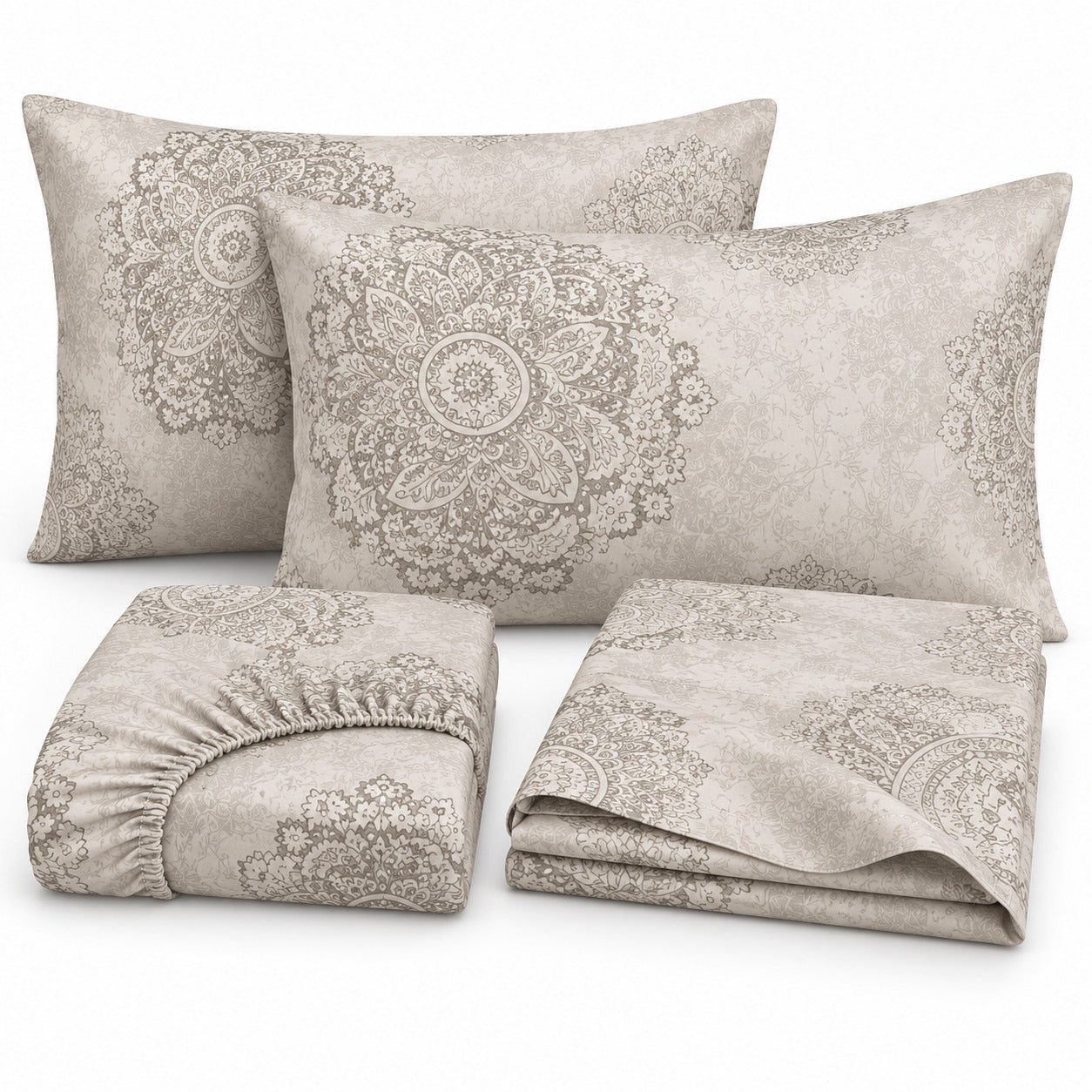 Aarniva 100% Cotton Ornamental Medallion Bedsheet Set | King | Soft & Breathable | Ivory Sage | 200 TC | 4-Piece Set