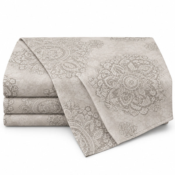 Aarniva 100% Cotton Ornamental Medallion Bedsheet Set | King | Soft & Breathable | Ivory Sage | 200 TC | 4-Piece Set