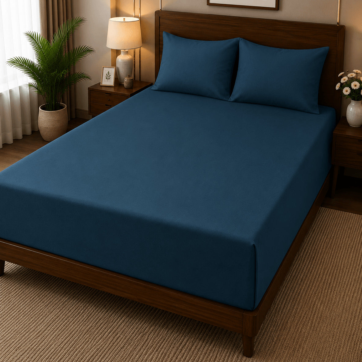 Aarniva 100% Cotton Solid Bedsheet Set | King/Queen | Soft & Breathable | Deep Ocean Blue | 400 TC | 6-Piece Set