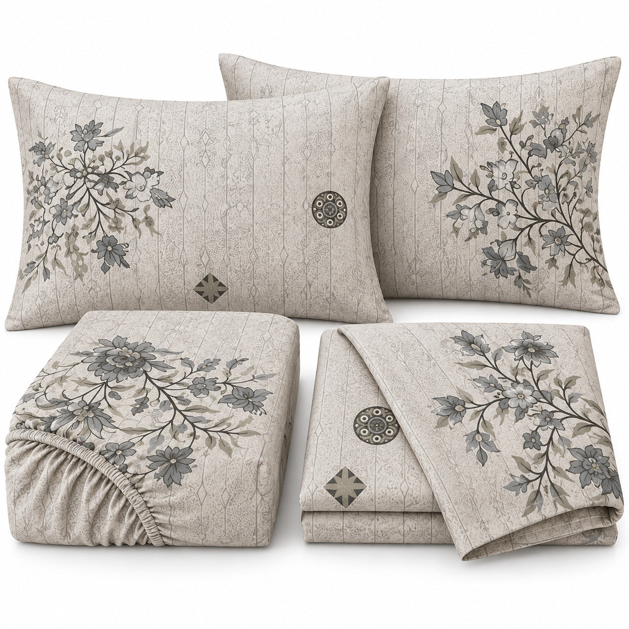 Aarniva 100% Cotton Botanical Floral Bedsheet Set | Soft & Breathable | King | Misty Blue | 200 TC | 4-Piece Set