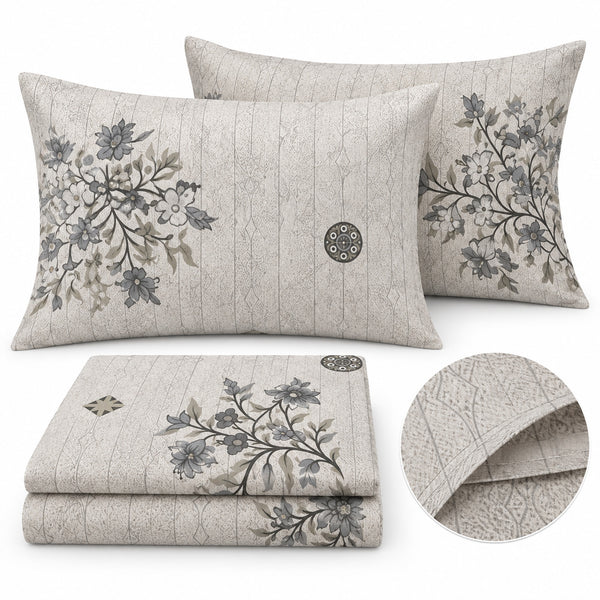 Aarniva 100% Cotton Botanical Floral Bedsheet Set | Soft & Breathable | King | Misty Blue | 200 TC | 4-Piece Set