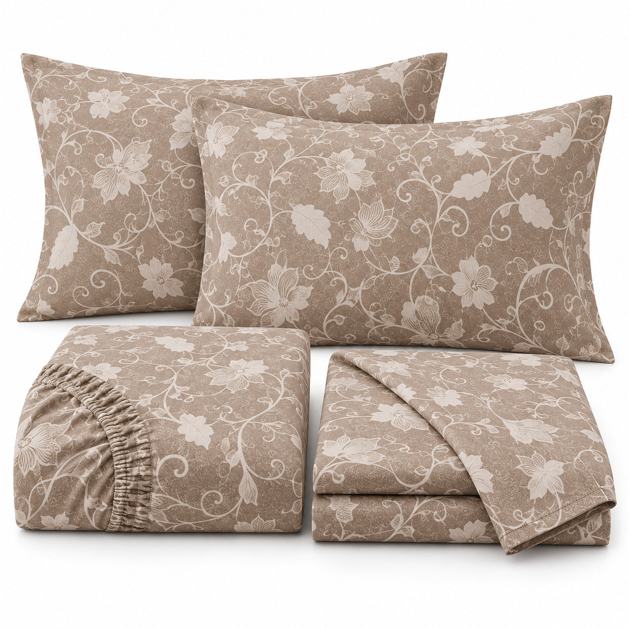 Aarniva 100% Cotton Floral Vine Bedsheet Set | King | Soft & Breathable | Mocha Taupe | 200 TC | 4-Piece Set