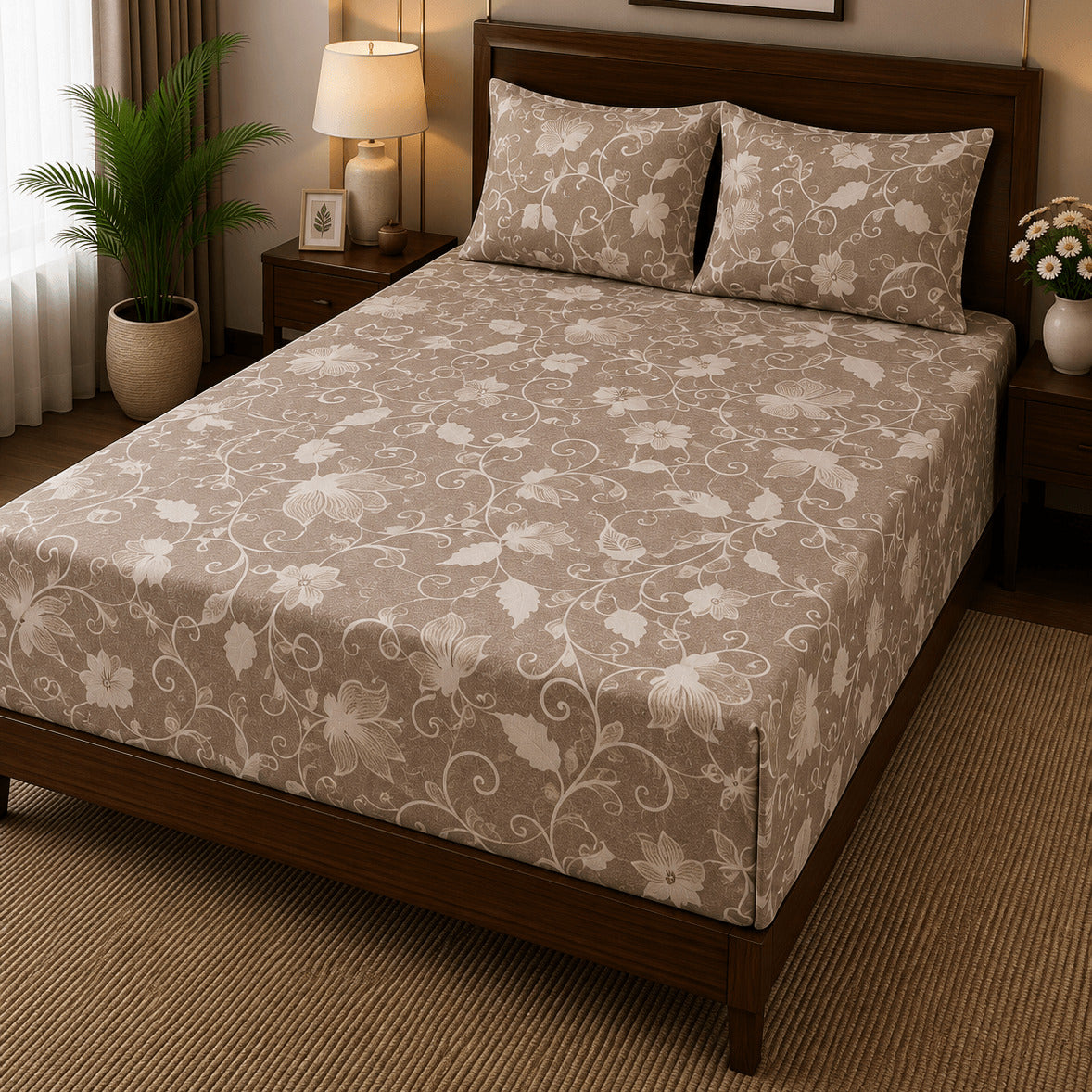 Aarniva 100% Cotton Floral Vine Bedsheet Set | King | Soft & Breathable | Mocha Taupe | 200 TC | 4-Piece Set