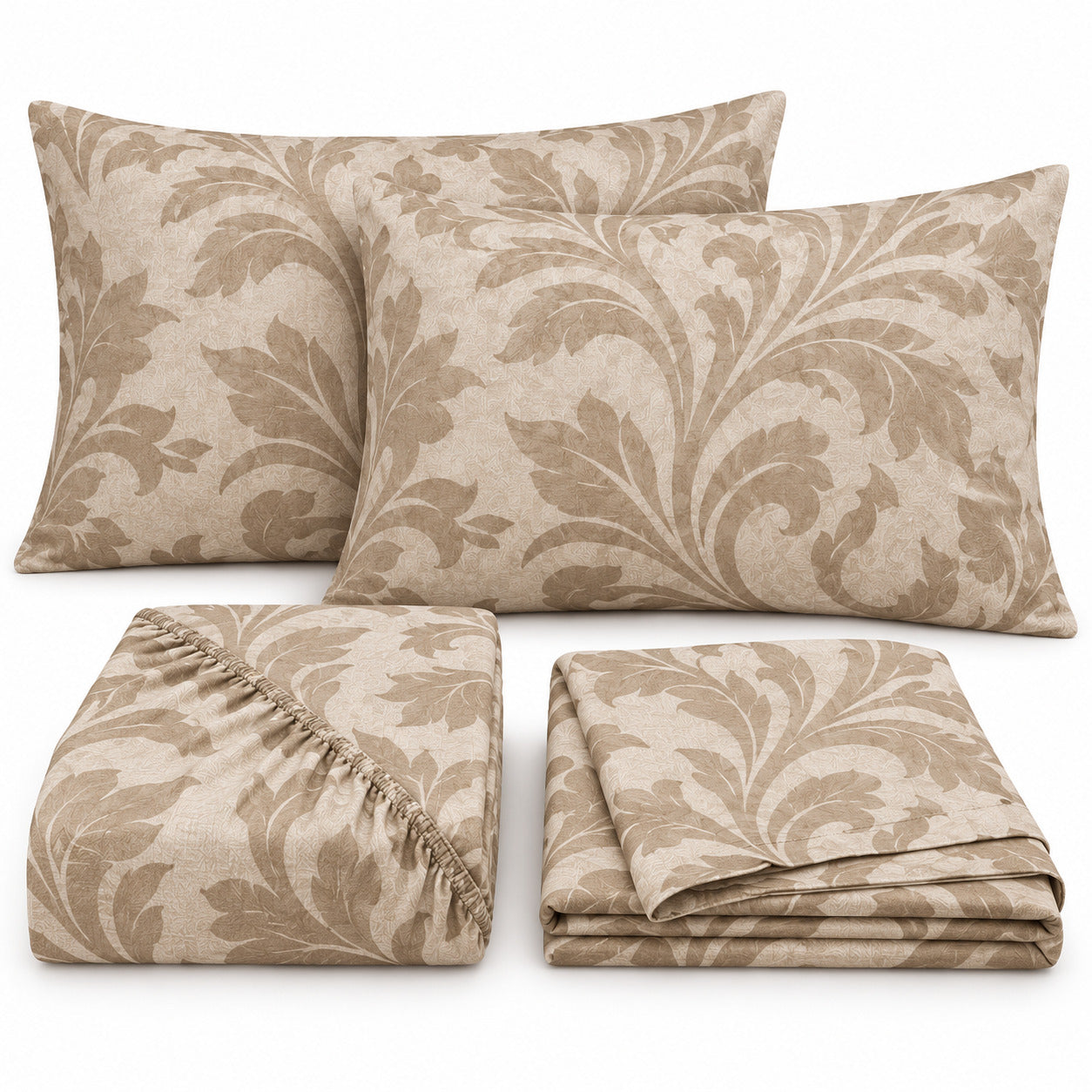 Aarniva 100% Cotton Damask Scroll Bedsheet Set | King | Soft & Breathable | Warm Taupe | 4-Piece Set
