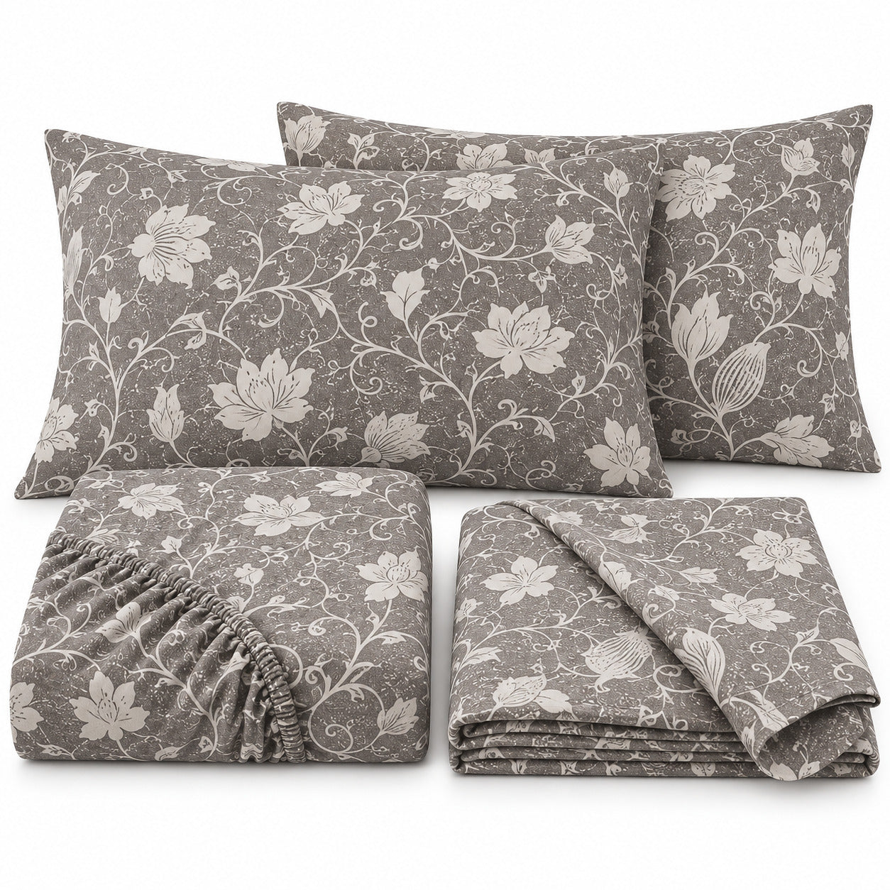 Aarniva 100% Cotton Floral Vine Bedsheet Set | King | Soft & Breathable | Stone Grey | 4-Piece Set