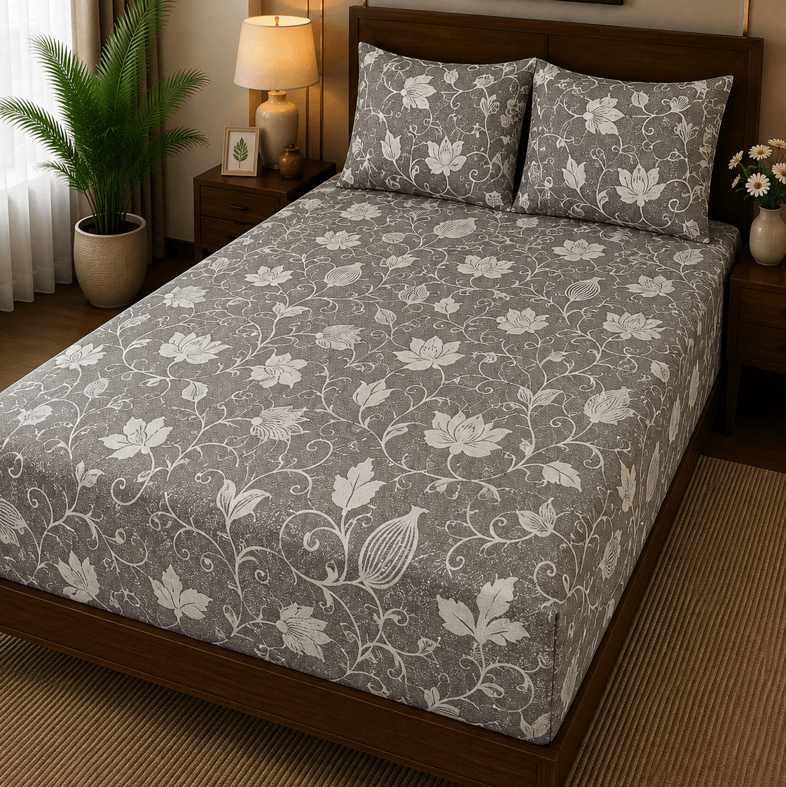 Aarniva 100% Cotton Floral Vine Bedsheet Set | King | Soft & Breathable | Stone Grey | 4-Piece Set