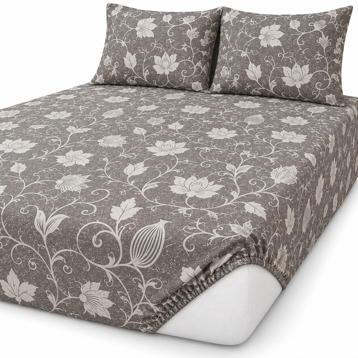 Aarniva 100% Cotton Floral Vine Bedsheet Set | King | Soft & Breathable | Stone Grey | 4-Piece Set