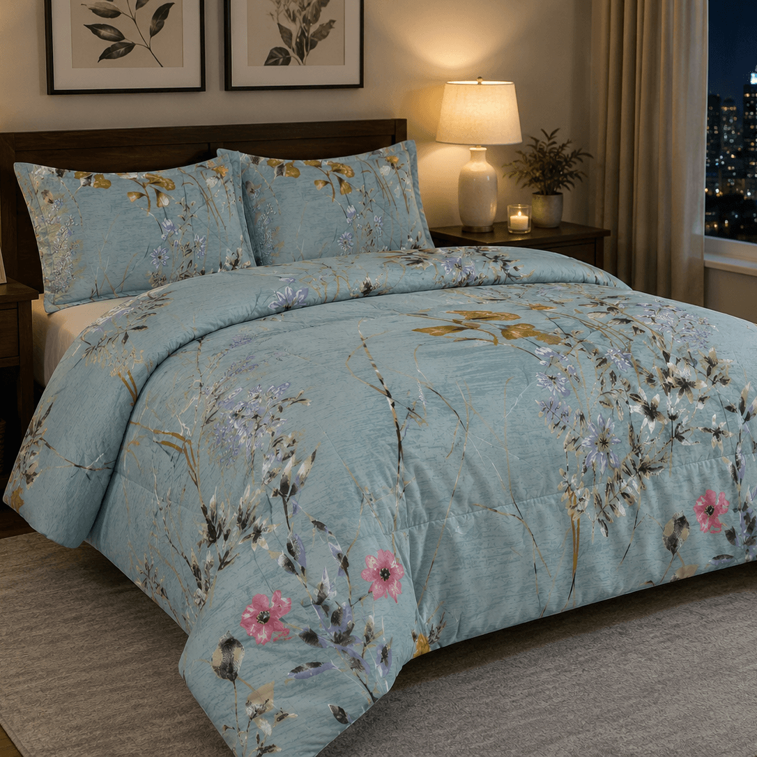 Aarniva Breathable Polyester Blue Wildflower Meadow Comforter Set | King/Queen | 250 GSM | Ultra-Soft & Cozy | Vintage Rose Garden | 5-Piece Set
