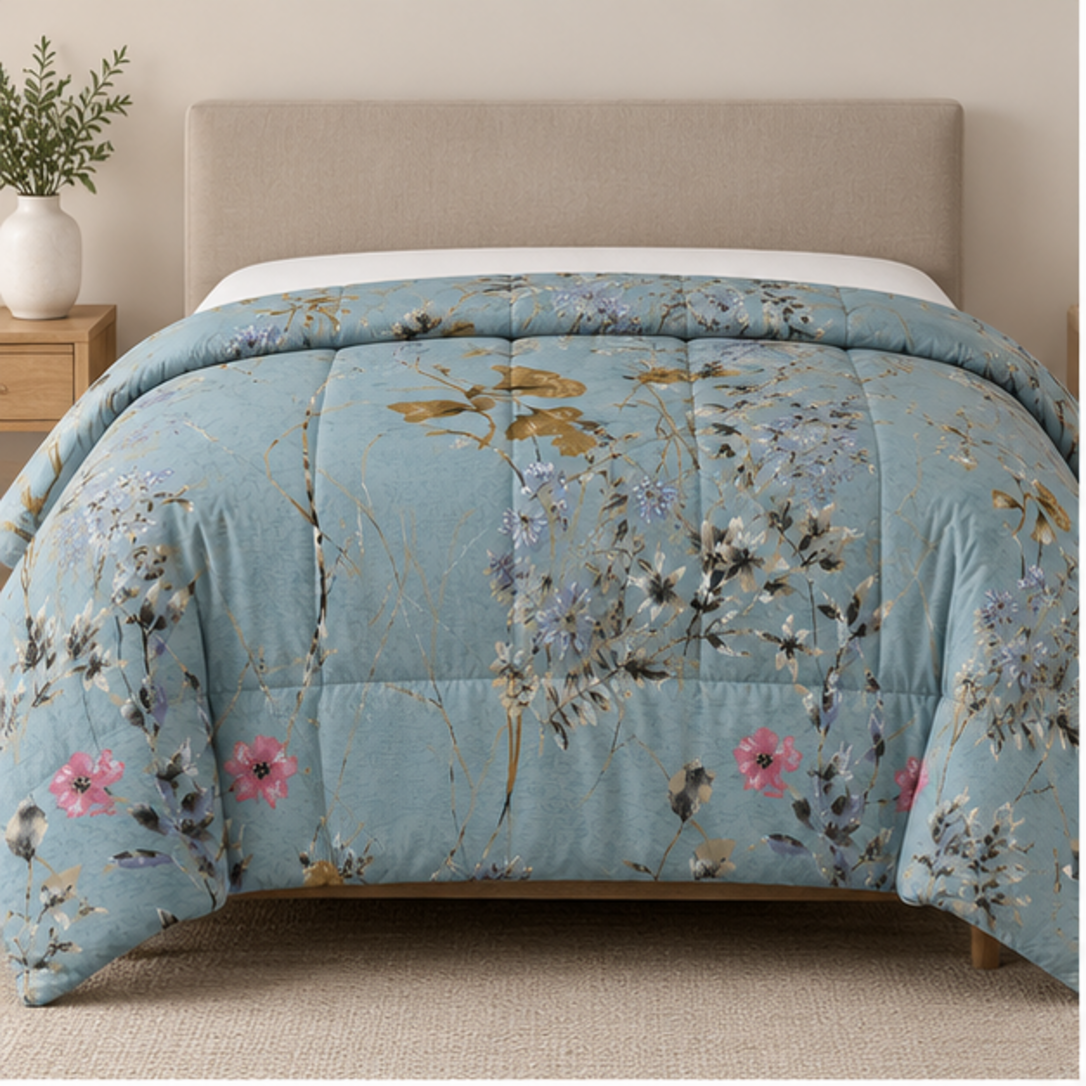 Aarniva Breathable Polyester Blue Wildflower Meadow Comforter Set | King/Queen | 250 GSM | Ultra-Soft & Cozy | Vintage Rose Garden | 5-Piece Set