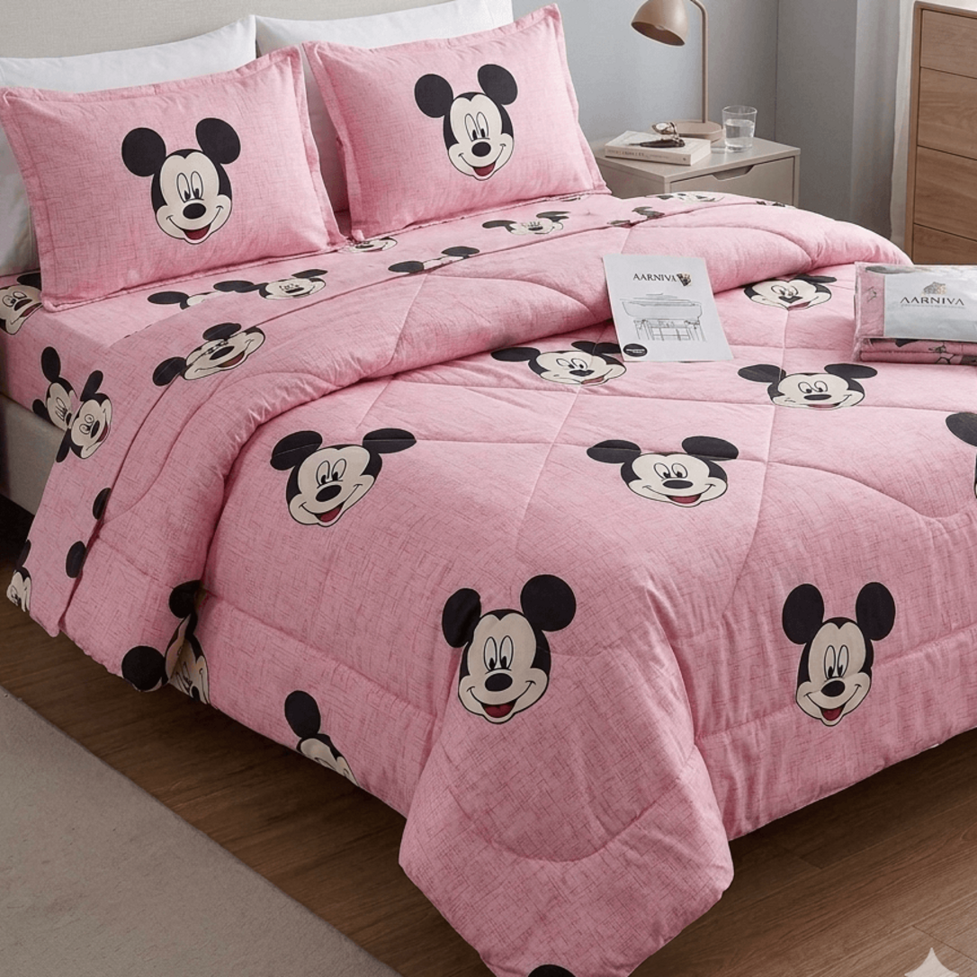 Aarniva Breathable Polyester Happy Mouse Comforter Set | King/Queen | 250 GSM | Ultra-Soft & Cozy | Blush Pink | 5-Piece Set