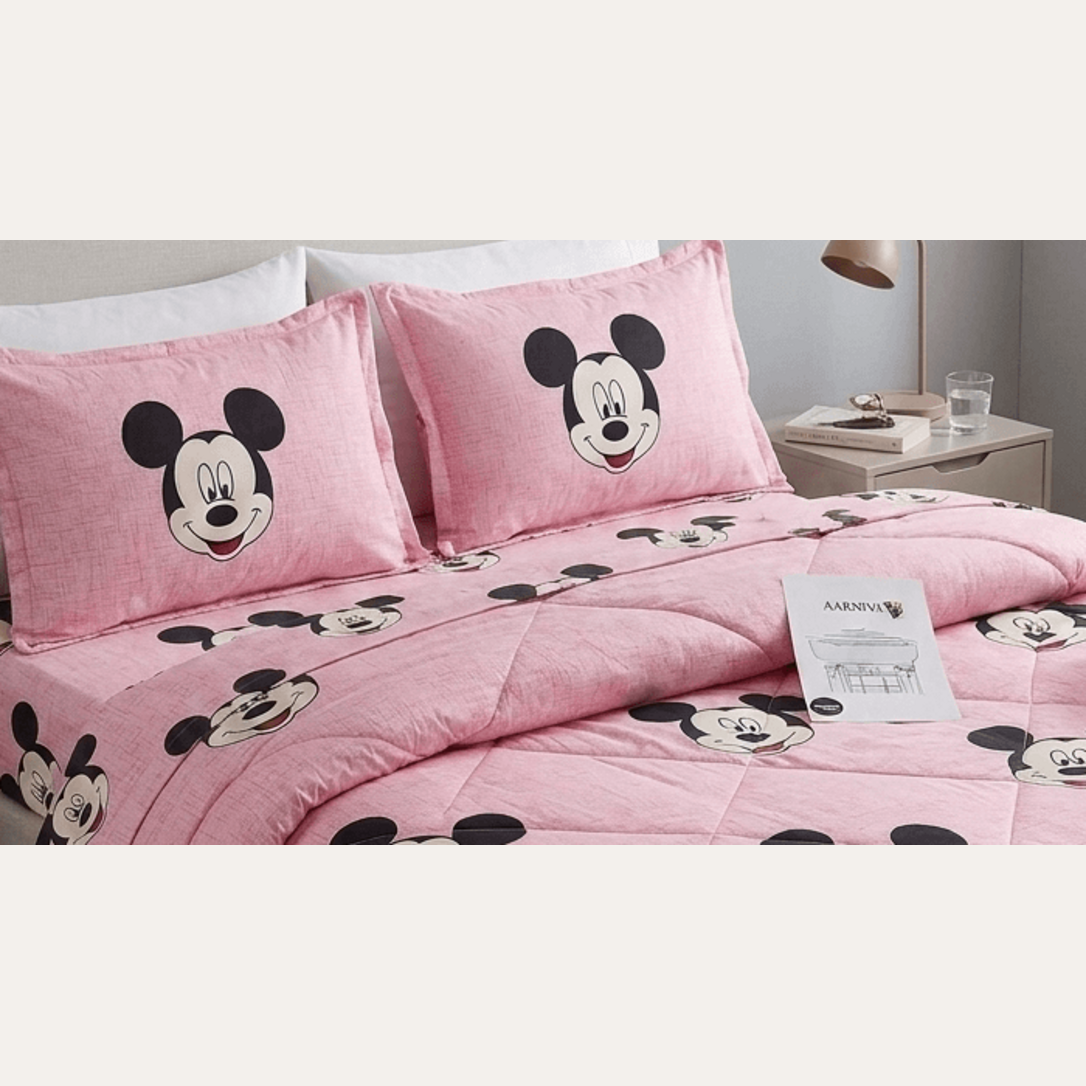 Aarniva Breathable Polyester Happy Mouse Comforter Set | King/Queen | 250 GSM | Ultra-Soft & Cozy | Blush Pink | 5-Piece Set