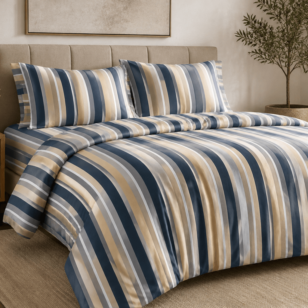 Aarniva Breathable Polyester Harbor Stripe Comforter Set | King/Queen | 250 GSM | Ultra-Soft & Cozy | Navy Sand | 5-Piece Set