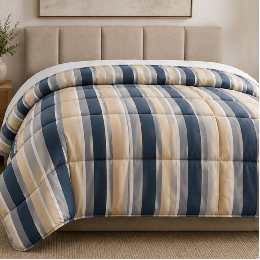 Aarniva Breathable Polyester Harbor Stripe Comforter Set | King/Queen | 250 GSM | Ultra-Soft & Cozy | Navy Sand | 5-Piece Set