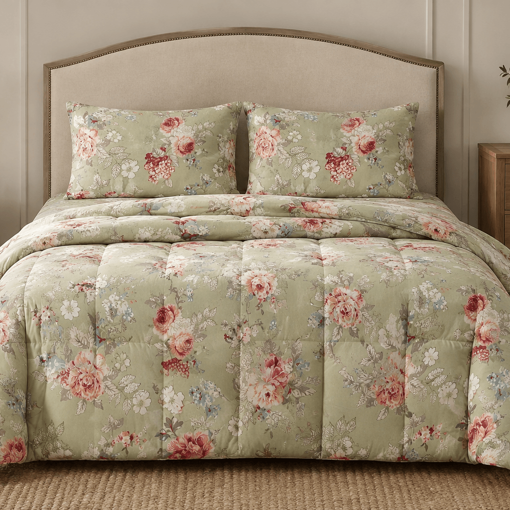 Aarniva Breathable Polyester Sage Rose Garden Comforter Set | King/Queen | 250 GSM | Ultra-Soft & Cozy | Soft Sage | 5-Piece Set