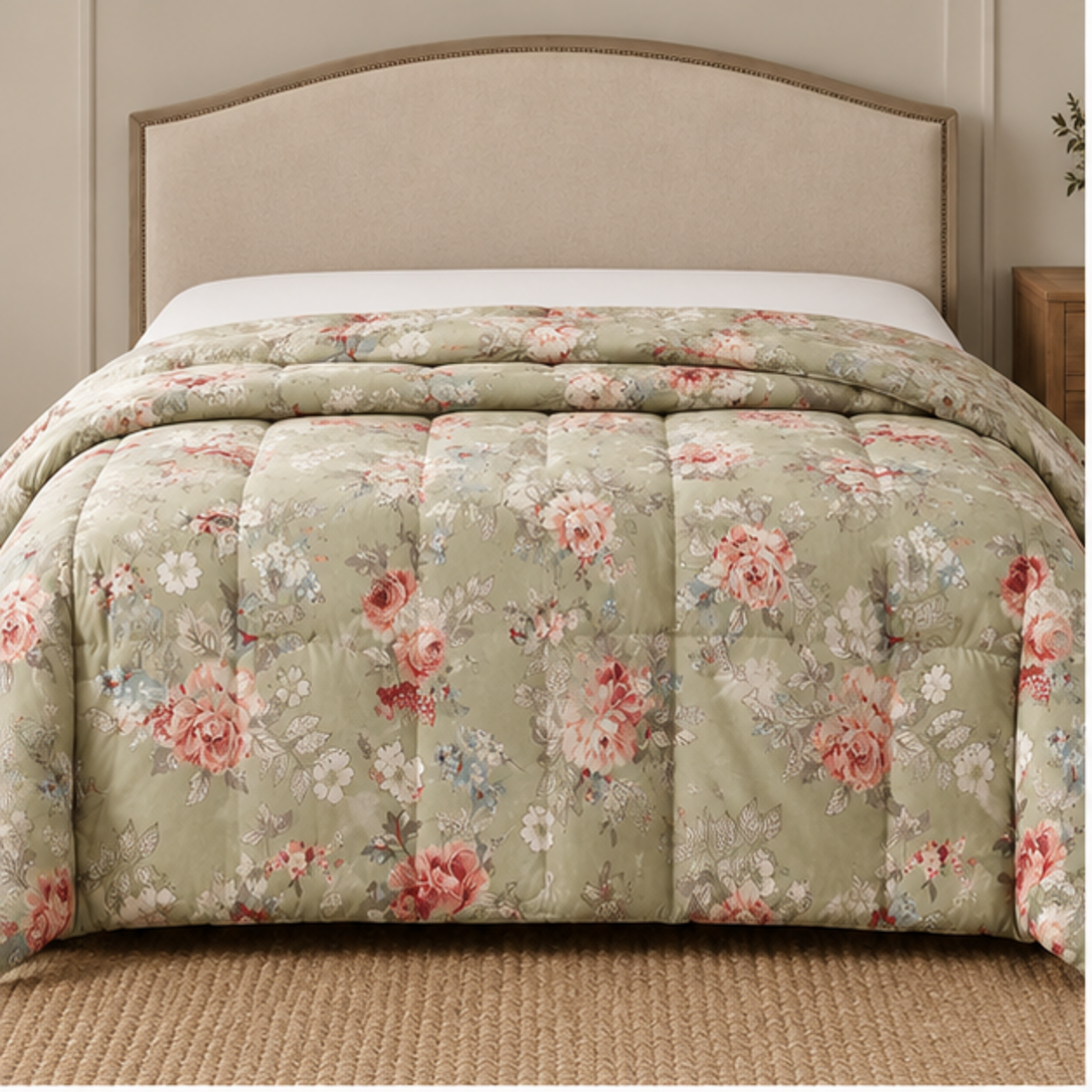 Aarniva Breathable Polyester Sage Rose Garden Comforter Set | King/Queen | 250 GSM | Ultra-Soft & Cozy | Soft Sage | 5-Piece Set