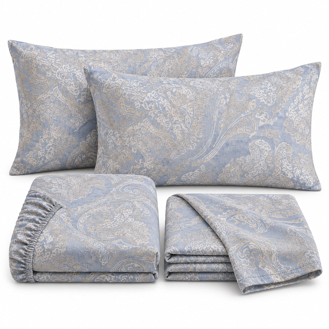 Aarniva 100% Cotton Paisley Bedsheet Set | King | Soft & Breathable | Misty Blue Paisley | 4-Piece Set