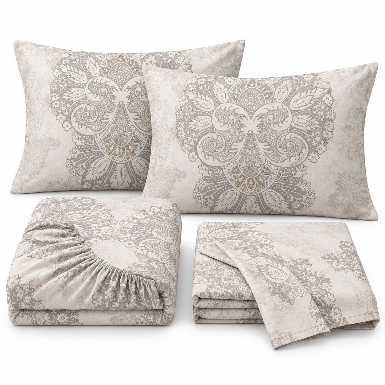 Aarniva 100% Cotton Ornamental Bedsheet Set | King | Soft & Breathable | Ivory Medallion | 6-Piece Set