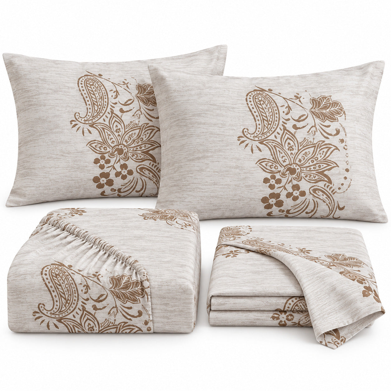 Aarniva 100% Cotton Paisley Bedsheet Set | King | Soft & Breathable | Soft Taupe Paisley | 6-Piece Set