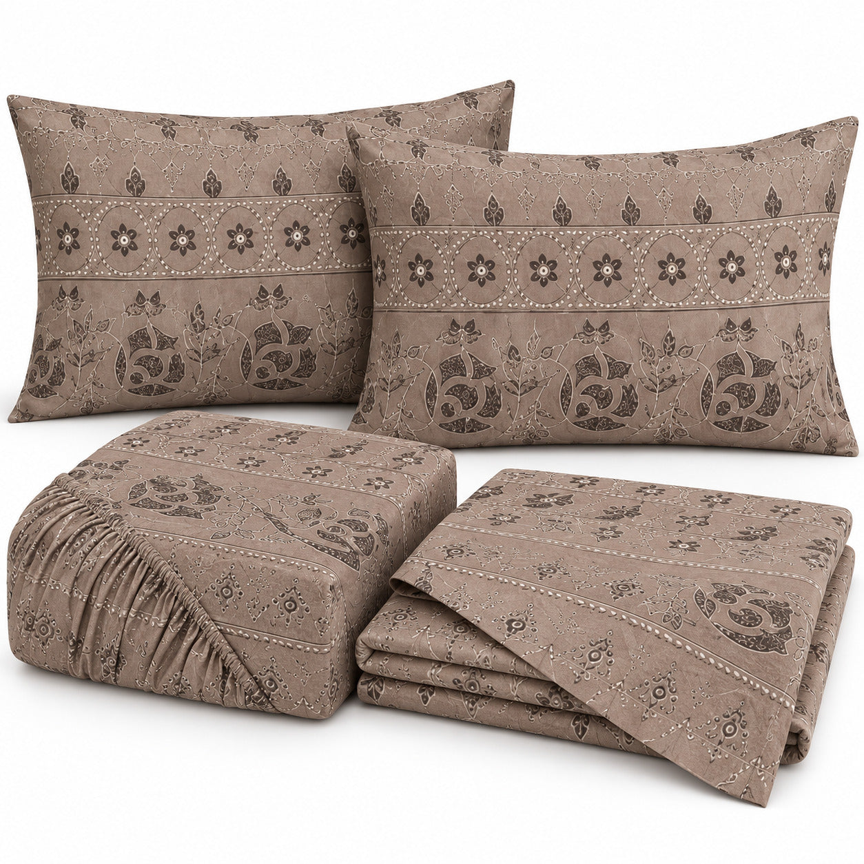 Aarniva 100% Cotton Floral Bedsheet Set | King | Soft & Breathable | Mocha Floral Border | 4-Piece Set