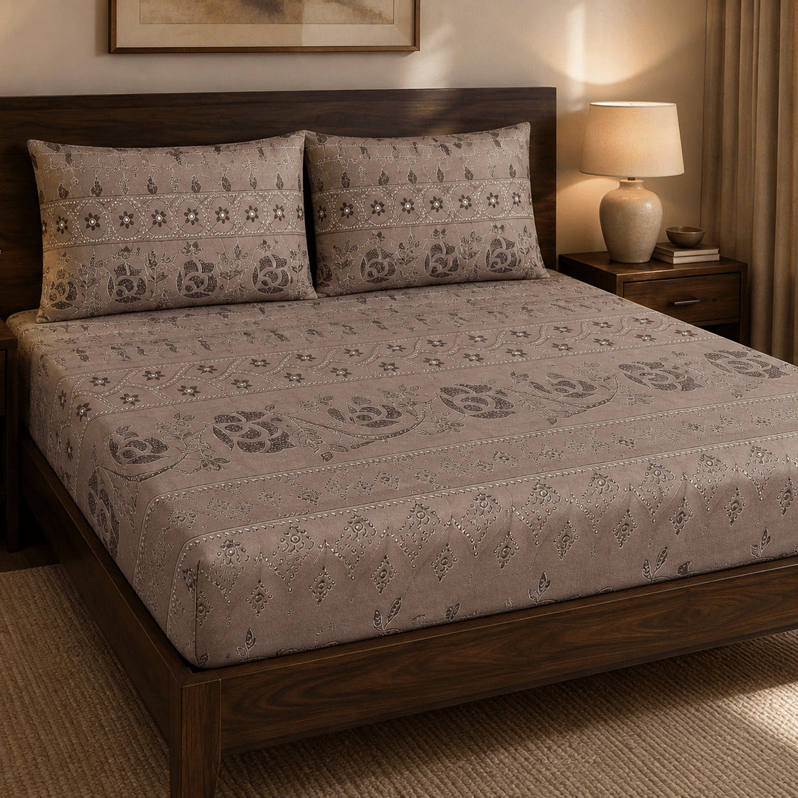 Aarniva 100% Cotton Floral Bedsheet Set | King | Soft & Breathable | Mocha Floral Border | 4-Piece Set