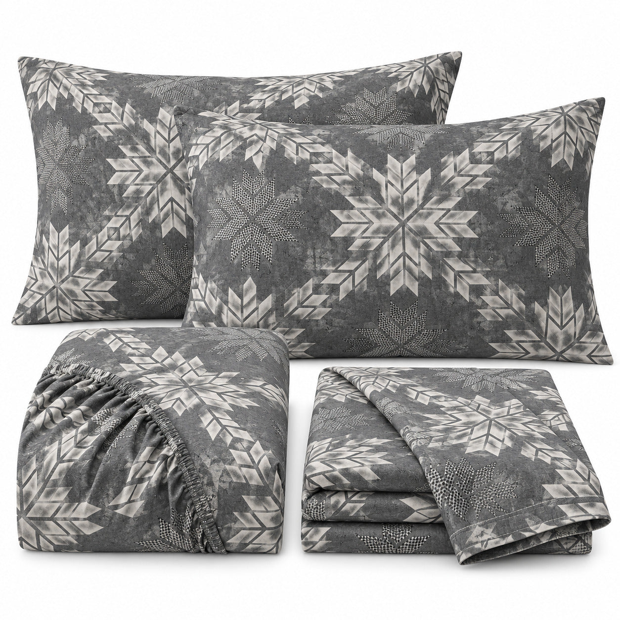 Aarniva 100% Cotton Geometric Bedsheet Set | King | Soft & Breathable | Silver Snowflake | 4-Piece Set