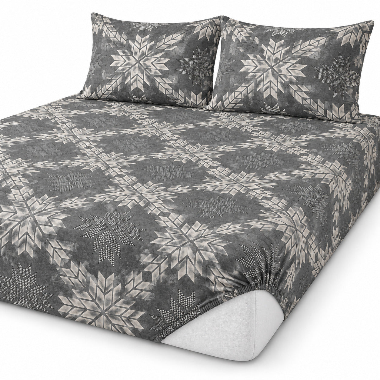 Aarniva 100% Cotton Geometric Bedsheet Set | King | Soft & Breathable | Silver Snowflake | 4-Piece Set