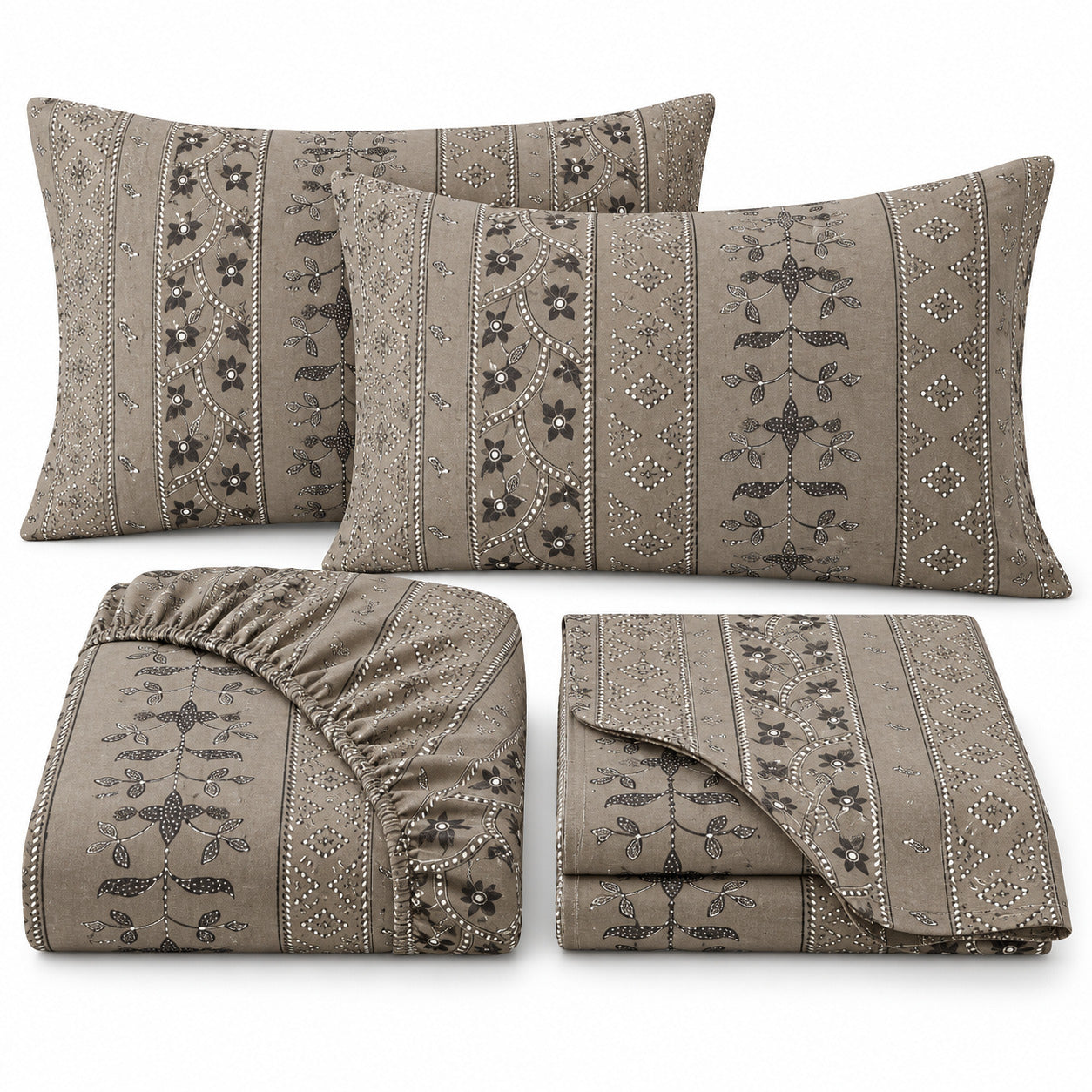 Aarniva 100% Cotton Ornamental Bedsheet Set | King | Soft & Breathable | Taupe Heritage Stripe | 4-Piece Set