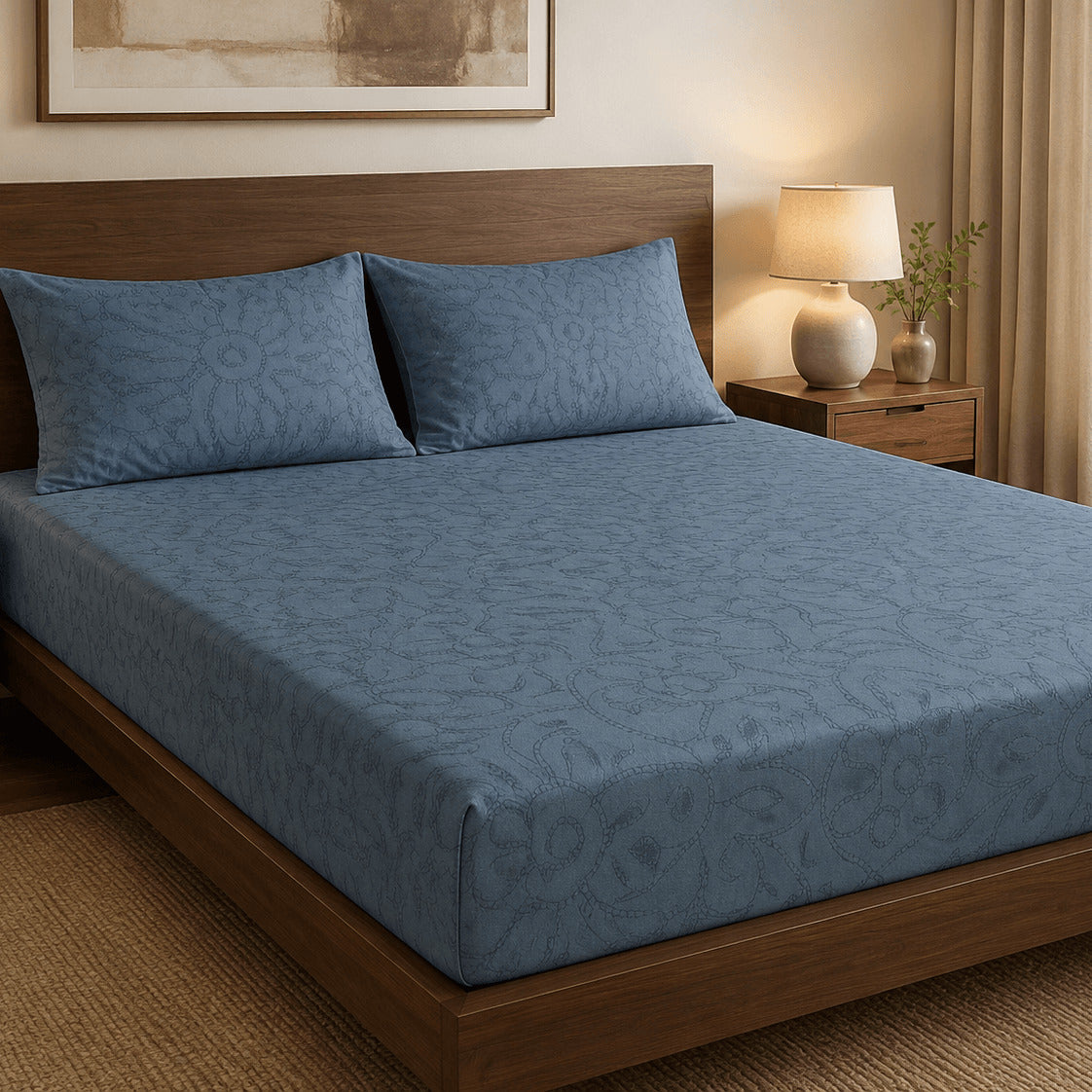 Aarniva 100% Cotton Floral Bedsheet Set | King | Soft & Breathable | Slate Blue Floral | 4-Piece Set