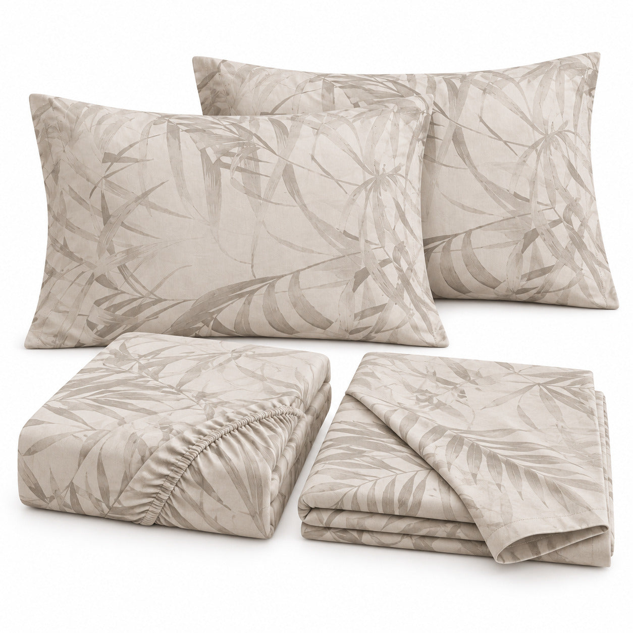 Aarniva 100% Cotton Botanical Bedsheet Set | King | Soft & Breathable | Ivory Palm Leaf | 4-Piece Set