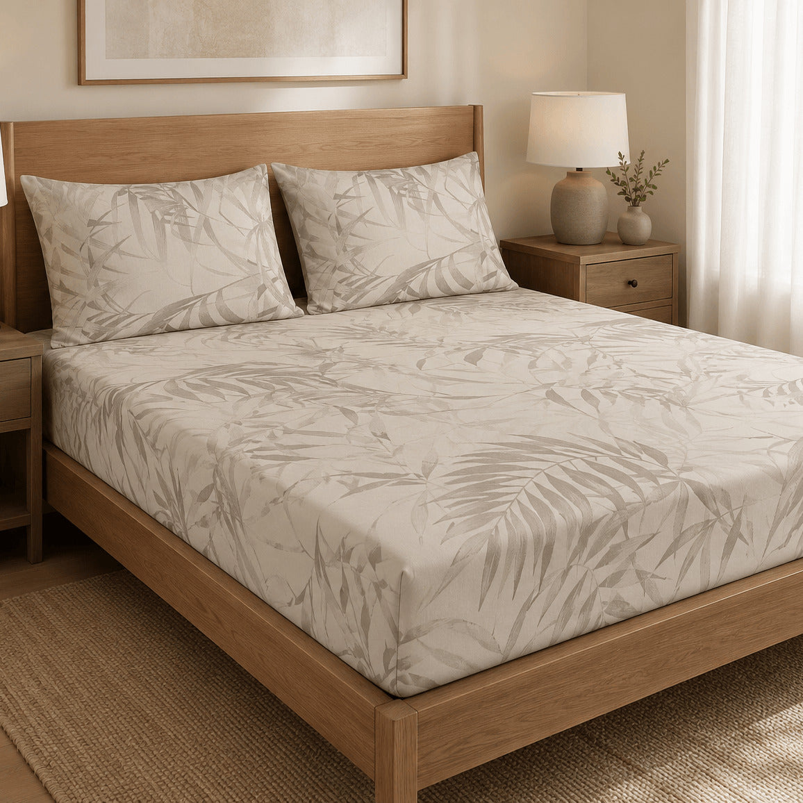 Aarniva 100% Cotton Botanical Bedsheet Set | King | Soft & Breathable | Ivory Palm Leaf | 4-Piece Set