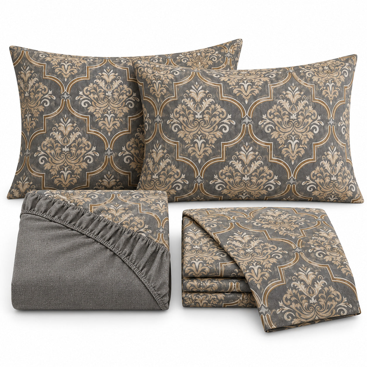 Aarniva 100% Cotton Damask Bedsheet Set | King | Soft & Breathable | Stone Grey Damask | 4-Piece Set