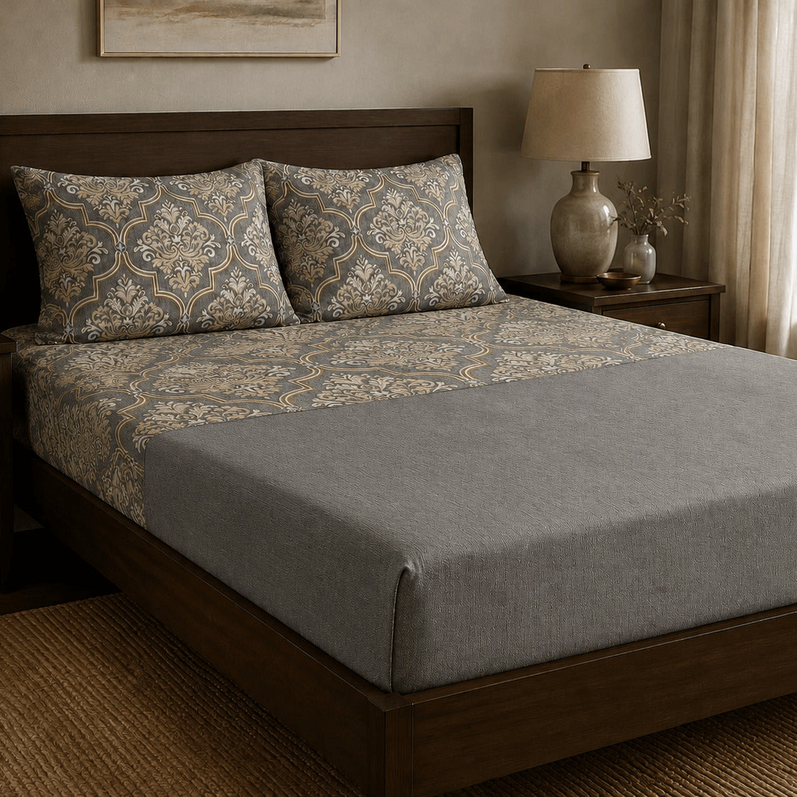 Aarniva 100% Cotton Damask Bedsheet Set | King | Soft & Breathable | Stone Grey Damask | 4-Piece Set