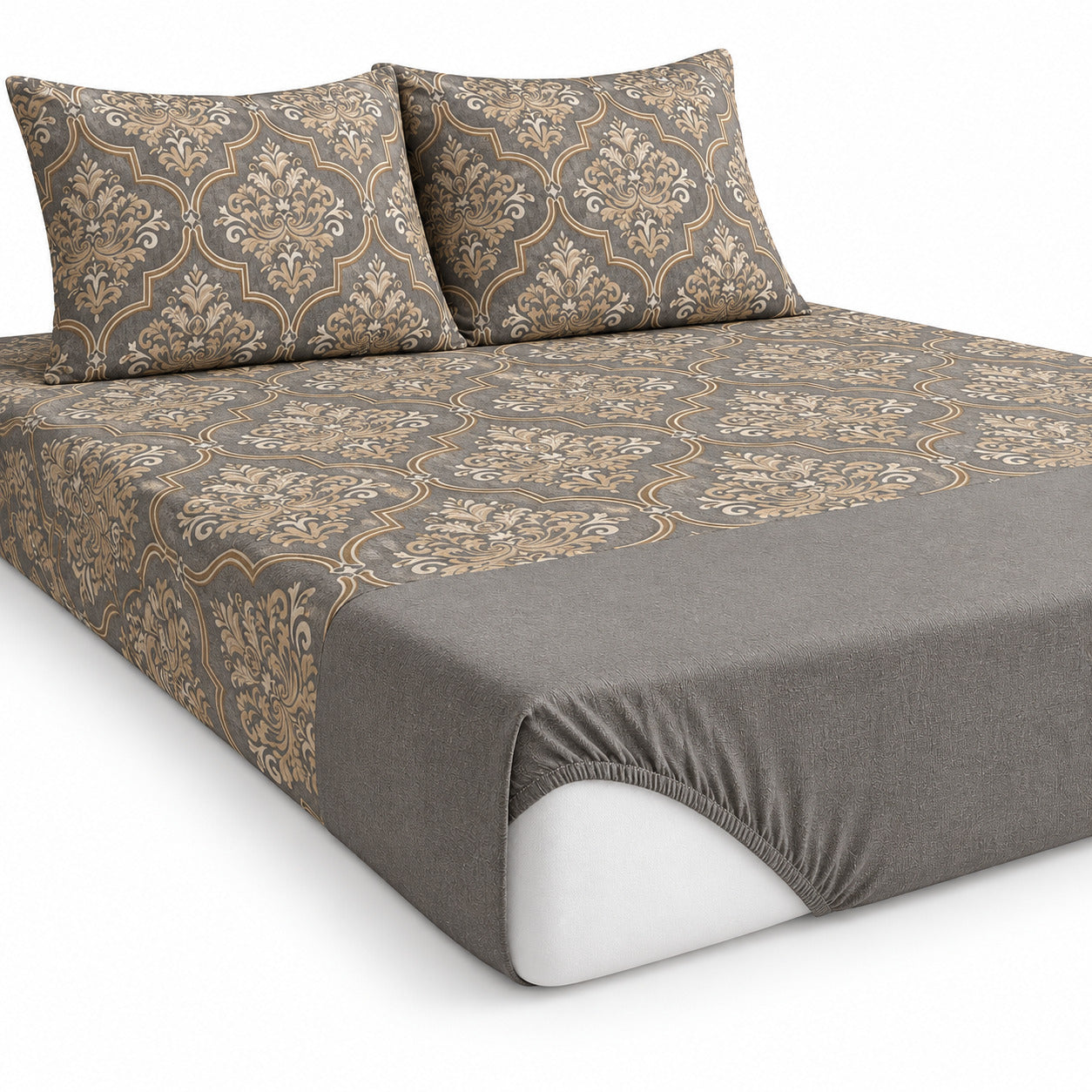 Aarniva 100% Cotton Damask Bedsheet Set | King | Soft & Breathable | Stone Grey Damask | 4-Piece Set