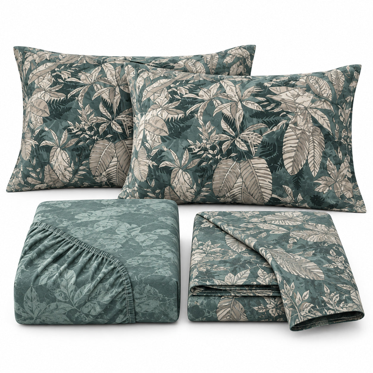 Aarniva 100% Cotton Botanical Bedsheet Set | King | Soft & Breathable | Deep Sage Foliage | 4-Piece Set