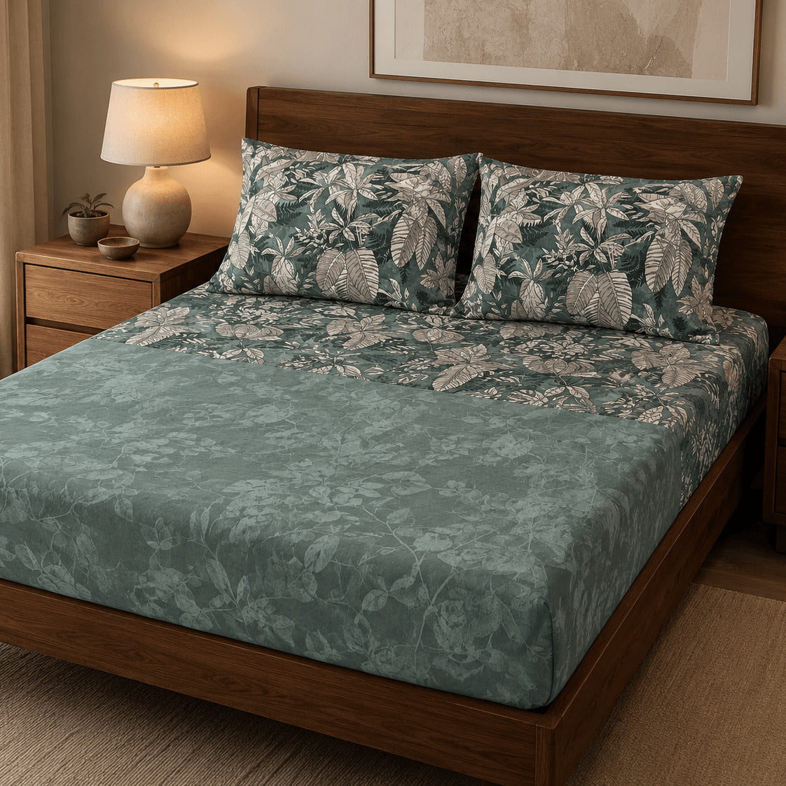 Aarniva 100% Cotton Botanical Bedsheet Set | King | Soft & Breathable | Deep Sage Foliage | 4-Piece Set