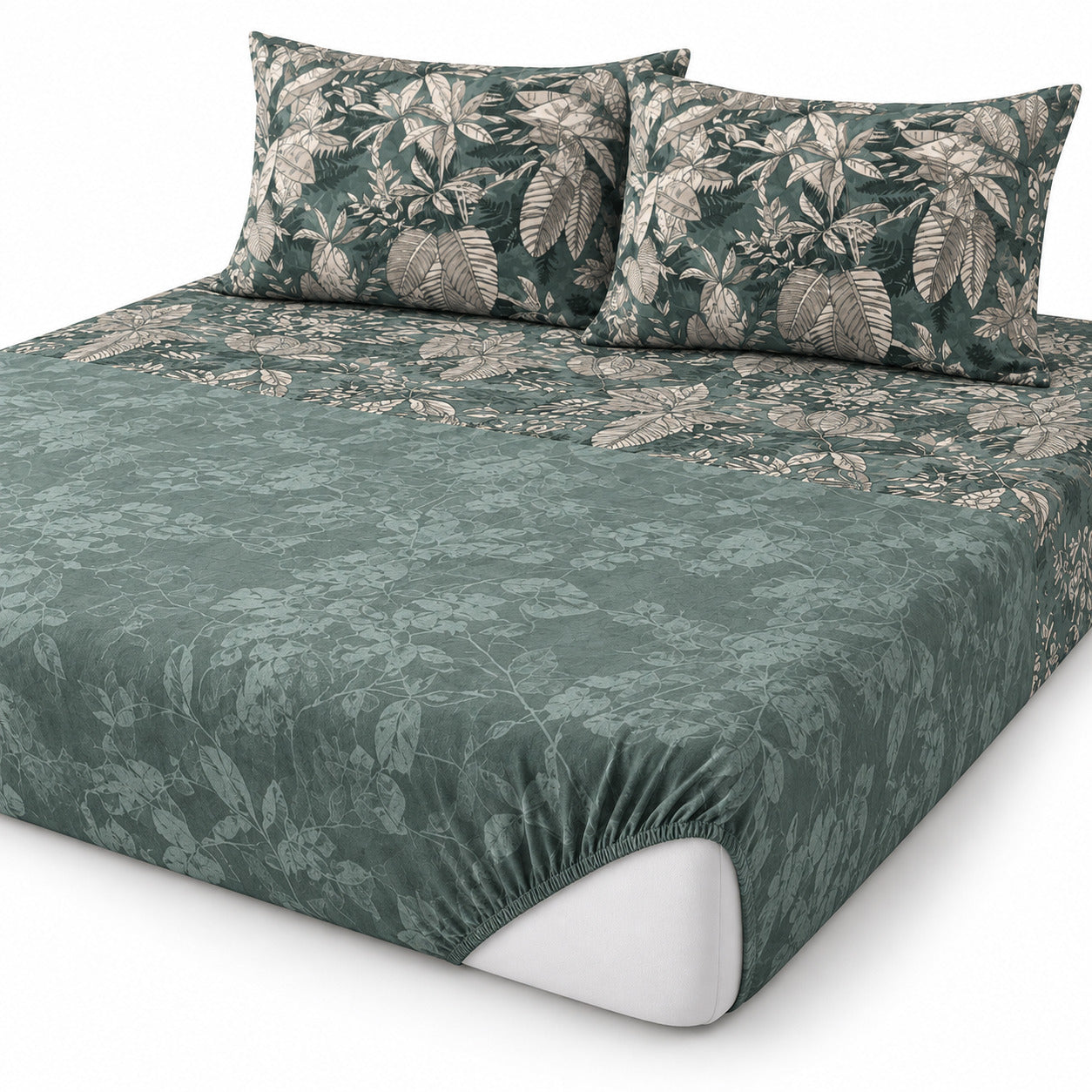 Aarniva 100% Cotton Botanical Bedsheet Set | King | Soft & Breathable | Deep Sage Foliage | 4-Piece Set