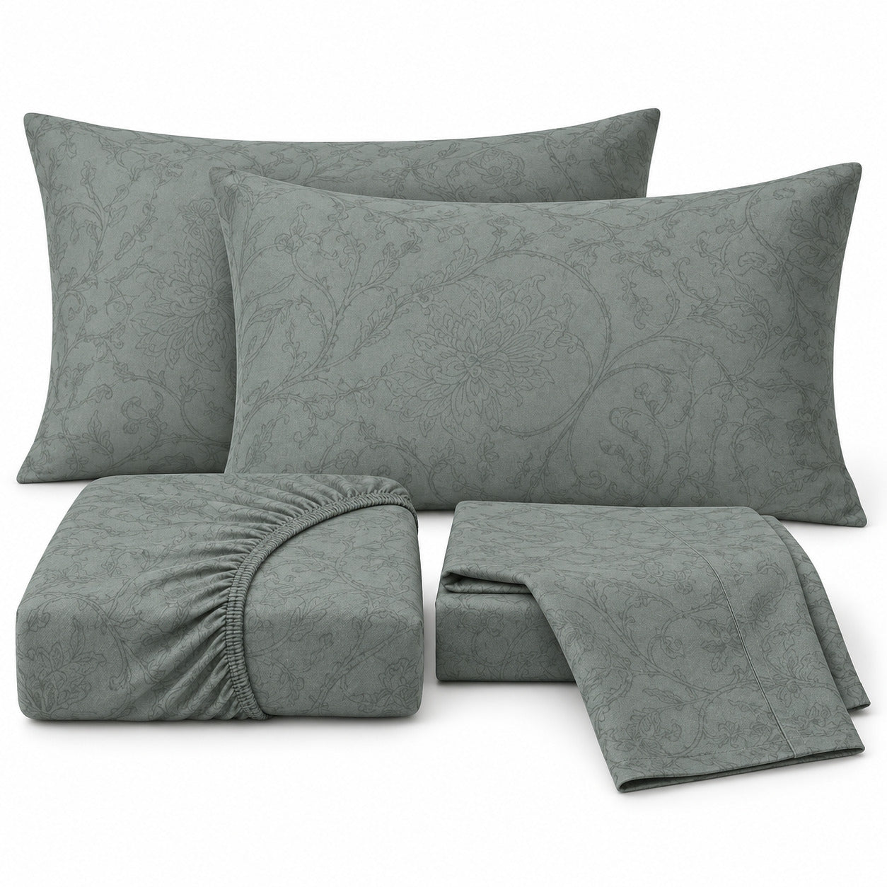 Aarniva 100% Cotton Floral Bedsheet Set | King | Soft & Breathable | Sage Floral Scroll | 4-Piece Set